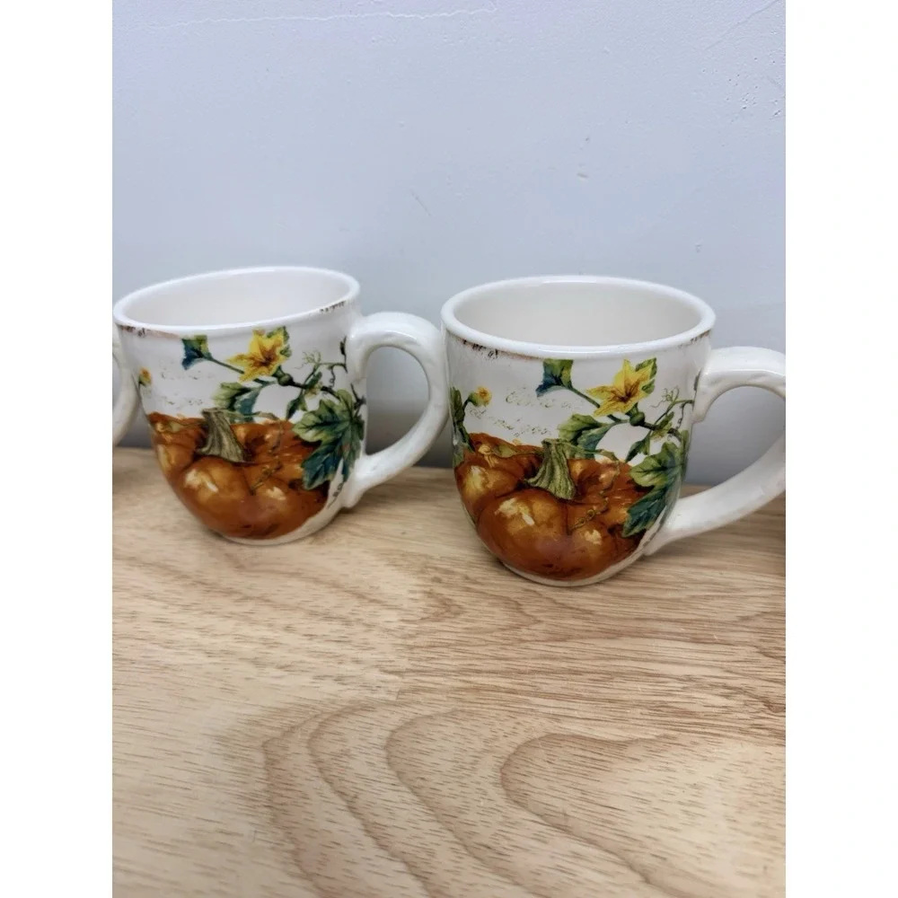 Lot (5) PIER 1 Mugs Cups Pumpkin Patch Watercolor Pumpkin Fall Excellent #68